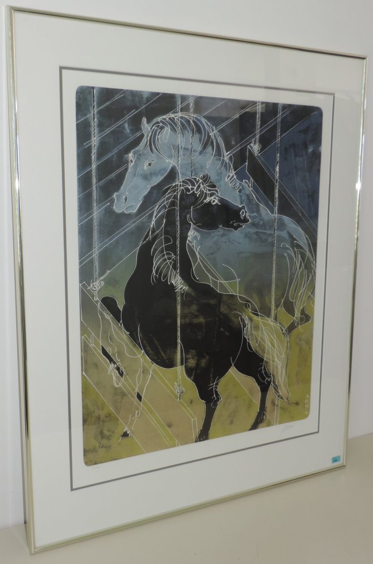 Erni, Hans (Luzern 1909–2015 Luzern) "Hengst und Stute,: Erni, Hans (Luzern 1909–2015 Luzern) "Hengst und Stute, stehend im Stall". 1992. Farblithographie. 50/150. Unten rechts signiert und im Druck datiert: "14.12.92e". Lichtmass 70x54 cm. Gerahmt.