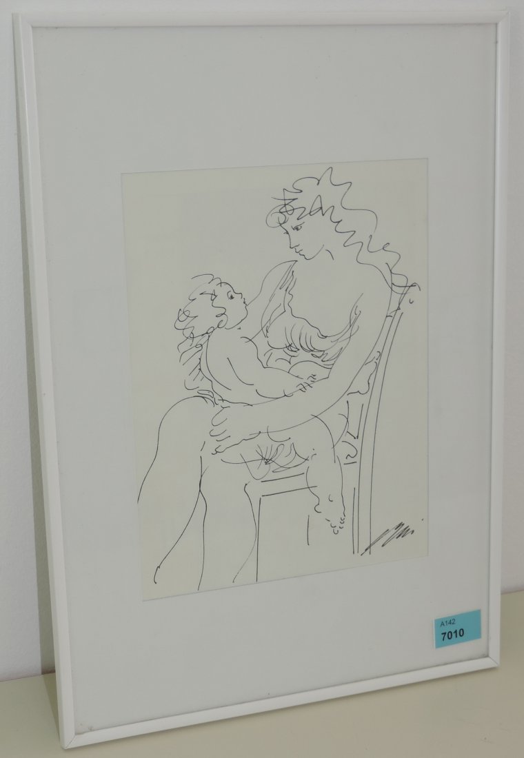 Erni, Hans (Luzern 1909–2015 Luzern) Mutter und Kind.: Erni, Hans (Luzern 1909–2015 Luzern) Mutter und Kind. Tusche auf Papier. Unten rechts signiert. Lichtmass 18x13,6 cm. Gerahmt.
