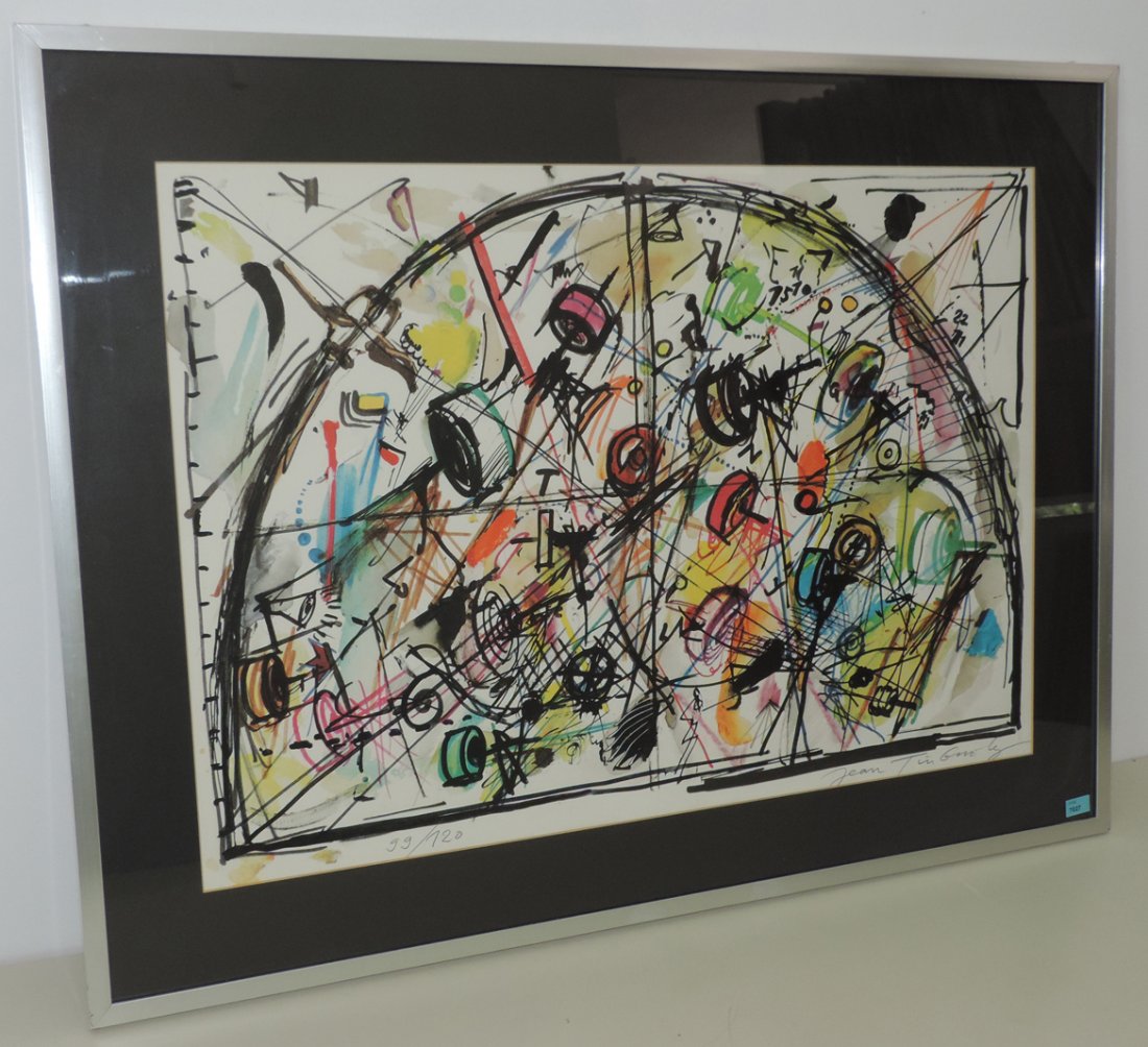 Tinguely, Jean (Fribourg 1925–1992 Fribourg) Ohne: Tinguely, Jean (Fribourg 1925–1992 Fribourg) Ohne Titel. Farb-Offsetdruck. 99/120. Unten rechts in Bleistift signiert. Lichtmass 48,5x69,5 cm. Gerahmt.