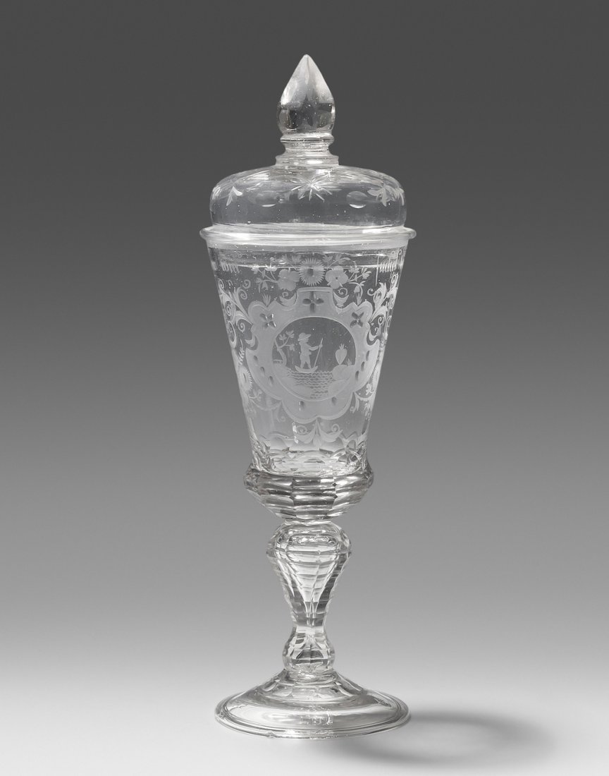 Deckelpokal 19.Jh. Farbloses Glas, Liebesmotiv und (1 of 1)