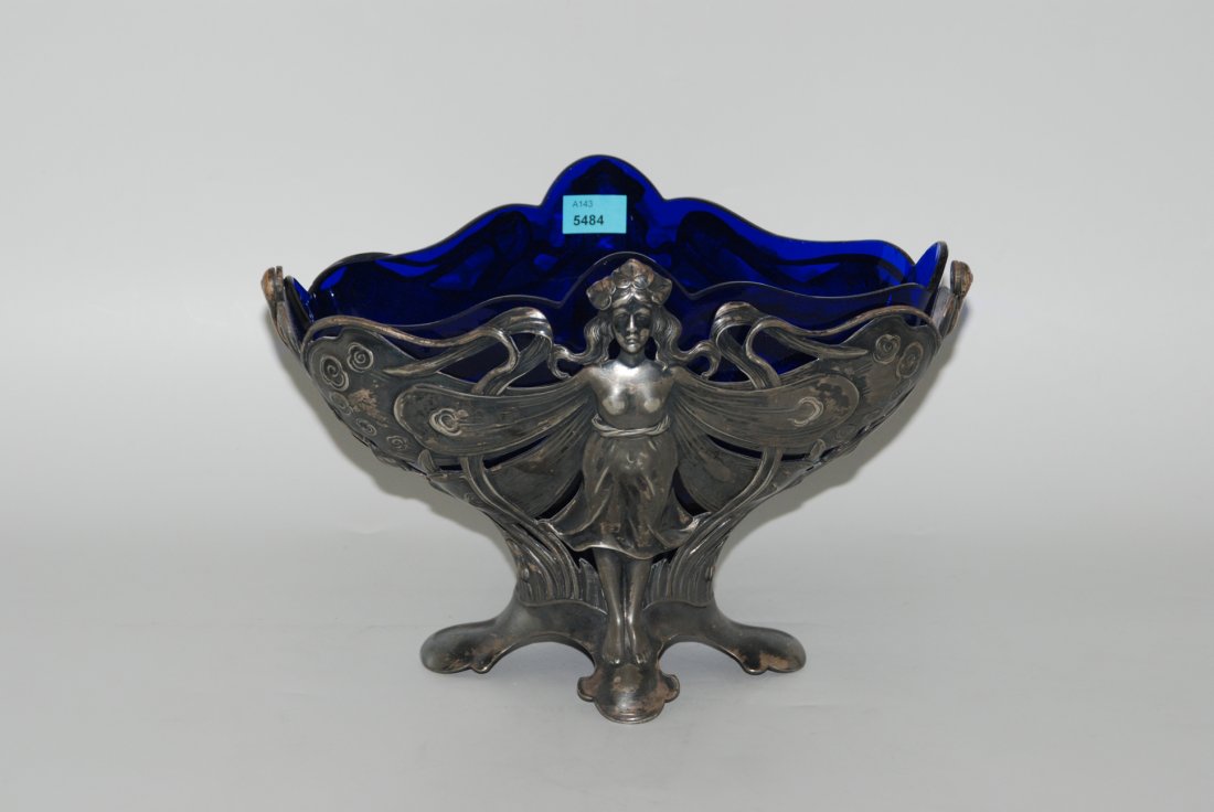 Henkelschale Um 1900. Blaues Glas/Zinn/Messing, (1 of 1)