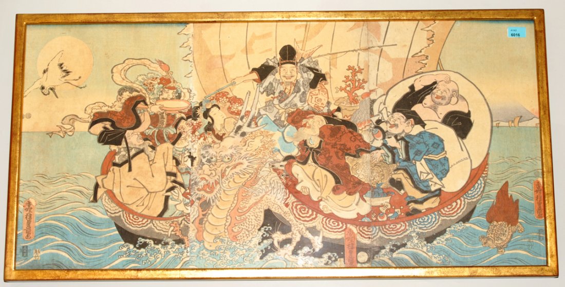 Utagawa Kunisada (Utagawa Toyokuni III 1786–1865): Utagawa Kunisada (Utagawa Toyokuni III 1786–1865) Japan. Farbholzschnitt. Triptychon. Die Sieben Glücksgötter (Shichifukujin) auf dem Schatzschiff (Takarabune). Stark vergilbt und stockfleckig. Be