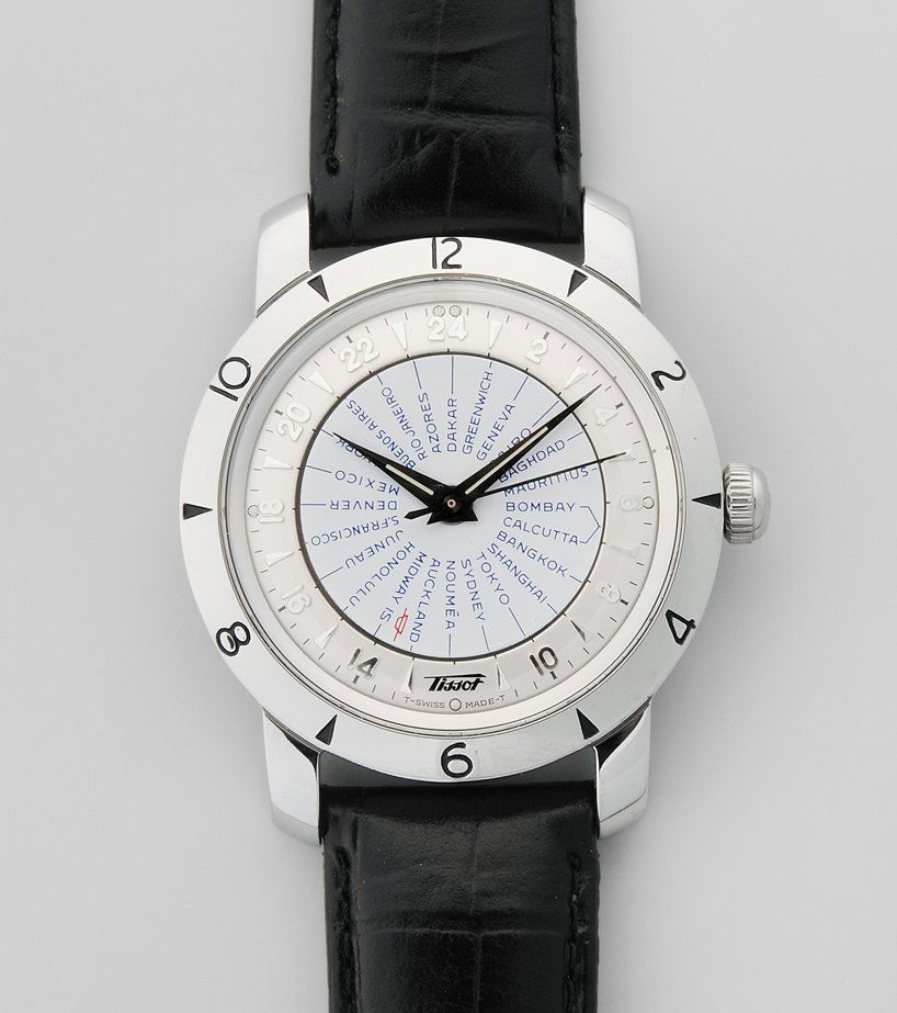 Tissot Weltzeituhr Runde, automatische Herrenarmbanduhr: Tissot Weltzeituhr Runde, automatische Herrenarmbanduhr in Stahlgehäuse. Boden verschraubt, Kaliber 2893-3, Referenznummer Z 197, Limited Edition 1742/1800, D 36 mm. Cremefarbenes-weisses Zifferblatt