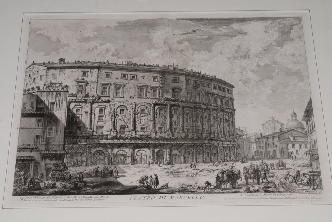 Piranesi, Giovanni Battista (Mogliano/Mestre 1720–1778: Piranesi, Giovanni Battista (Mogliano/Mestre 1720–1778 Rom) "Teatro di Marcello". Radierung aus den römischen Ansichten, auf Papier mit WZ Lilie im Doppelkreis. 38,5x54,5 cm. Gerahmt.
