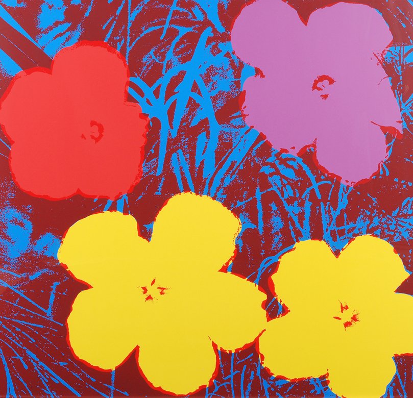 Warhol, Andy (Pittsburg 1928–1987 New York) nach: Warhol, Andy (Pittsburg 1928–1987 New York) nach "Flowers". Farbserigraphie. Blattgrösse 91,5x91,5 cm. Gerahmt.