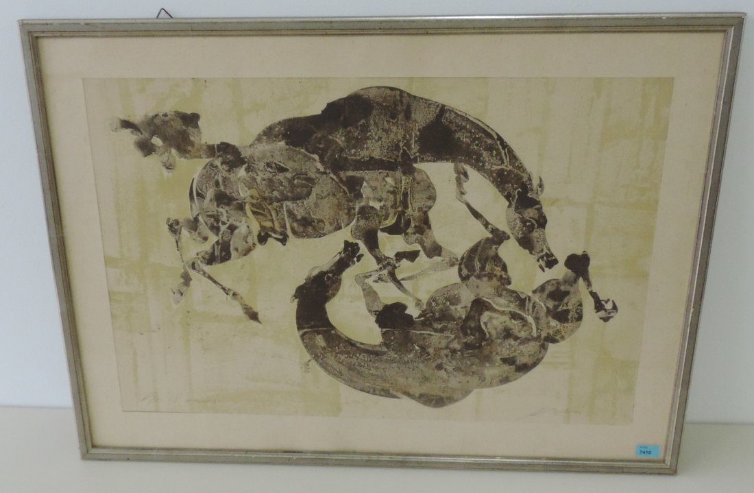 Erni, Hans (Luzern 1909–2015 Luzern) "Die zwei Pferde".: Erni, Hans (Luzern 1909–2015 Luzern) "Die zwei Pferde". 1954. Farblithographie. épr. d'essai. Unten rechts signiert. Lichtmass 37,5x56 cm. Gerahmt.