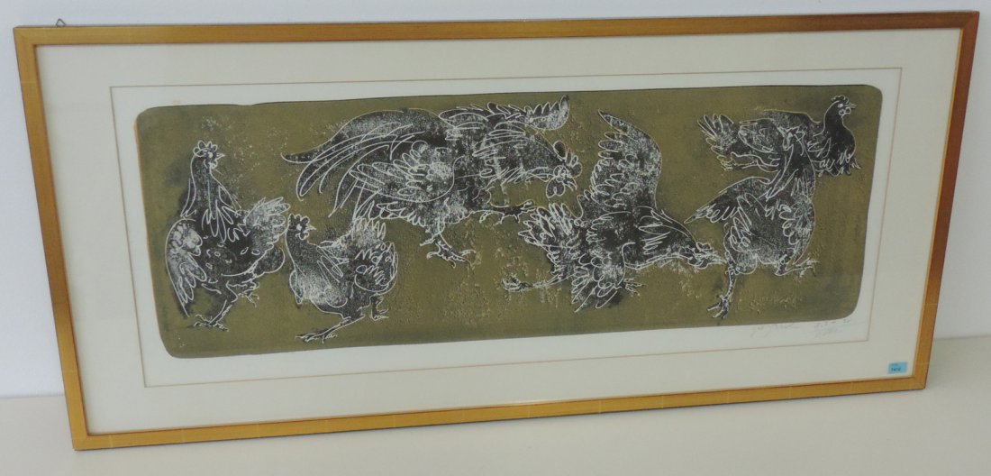 Erni, Hans (Luzern 1909–2015 Luzern) "Hahn und Hühner".: Erni, Hans (Luzern 1909–2015 Luzern) "Hahn und Hühner". 1967. Farblithographie. Gut zum Druck. Unten rechts signiert. Lichtmass 33,5x85,5 cm. Gerahmt.