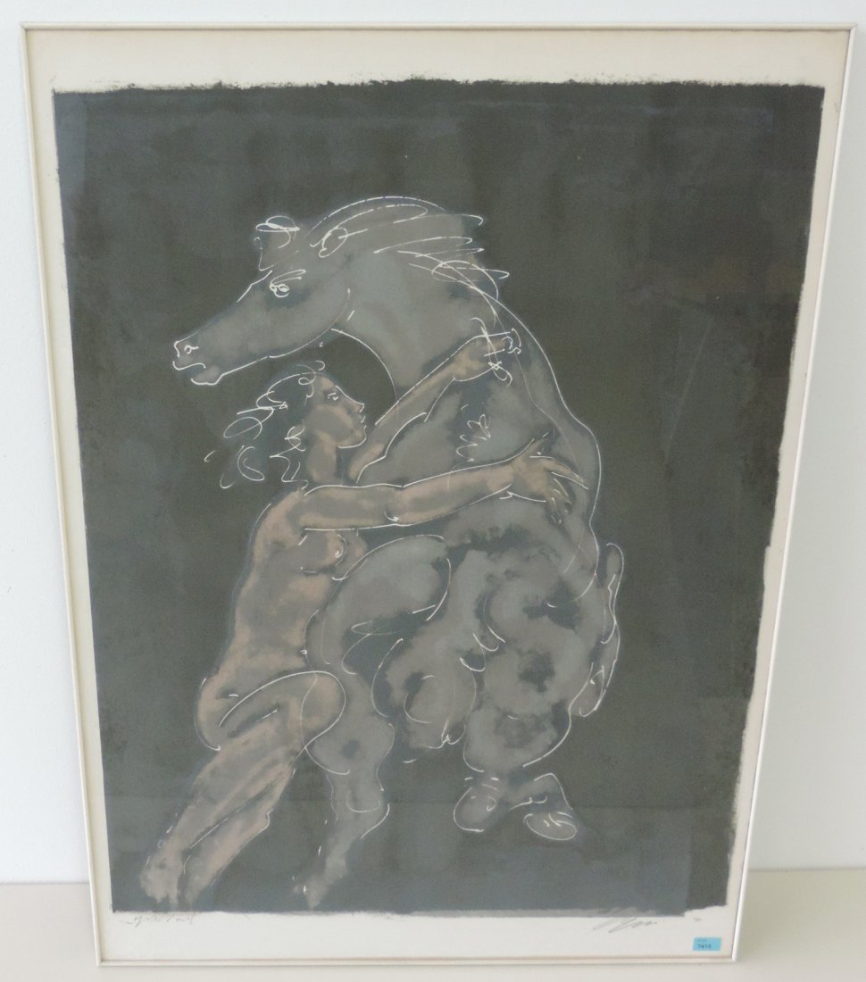 Erni, Hans (Luzern 1909–2015 Luzern) "Reiterin". 1968.: Erni, Hans (Luzern 1909–2015 Luzern) "Reiterin". 1968. Farblithographie. epr. d'art. Unten rechts signiert. Lichtmass 80x57 cm. Gerahmt.