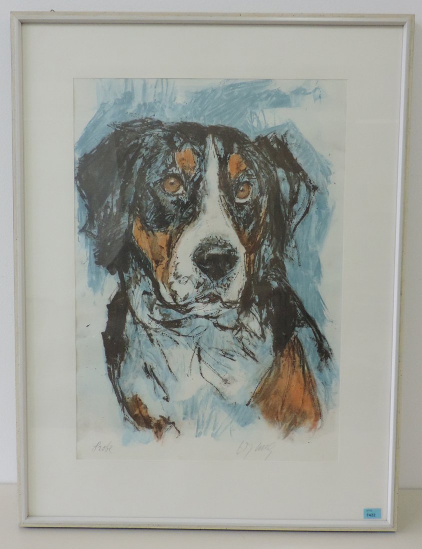 Hug, Fritz (Dornach 1921–1989 Zürich) Berner: Hug, Fritz (Dornach 1921–1989 Zürich) Berner Sennenhund. Farblithographie. Probe. Unten rechts signiert. Lichtmass 52x36 cm. Gerahmt.