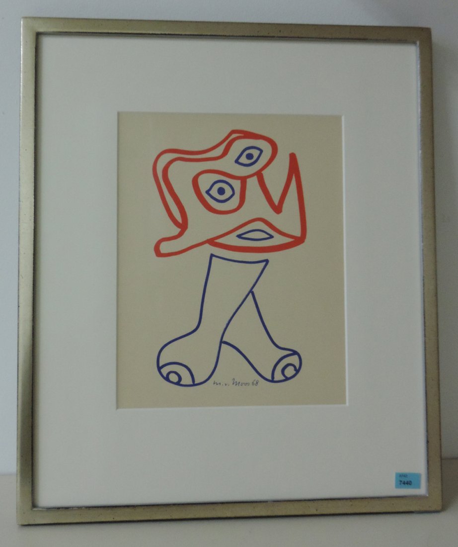 Moos, Max von (Luzern 1903–1979 Luzern) Figur in Rot: Moos, Max von (Luzern 1903–1979 Luzern) Figur in Rot und Blau. 1968. Farbserigraphie. Unten mittig im Druck signiert und datiert. Lichtmass 28x21,5 cm. Gerahmt.
