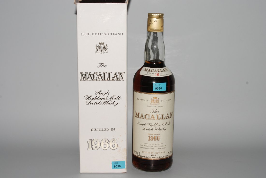 The Macallan single highland Malt Scotch Whisky. 1966: The Macallan single highland Malt Scotch Whisky. 1966 distilled 1985 bottled by the Macallan distillery. Matured in Sherrywood 18 years old. Orig. Holzkiste. 1 Flasche.