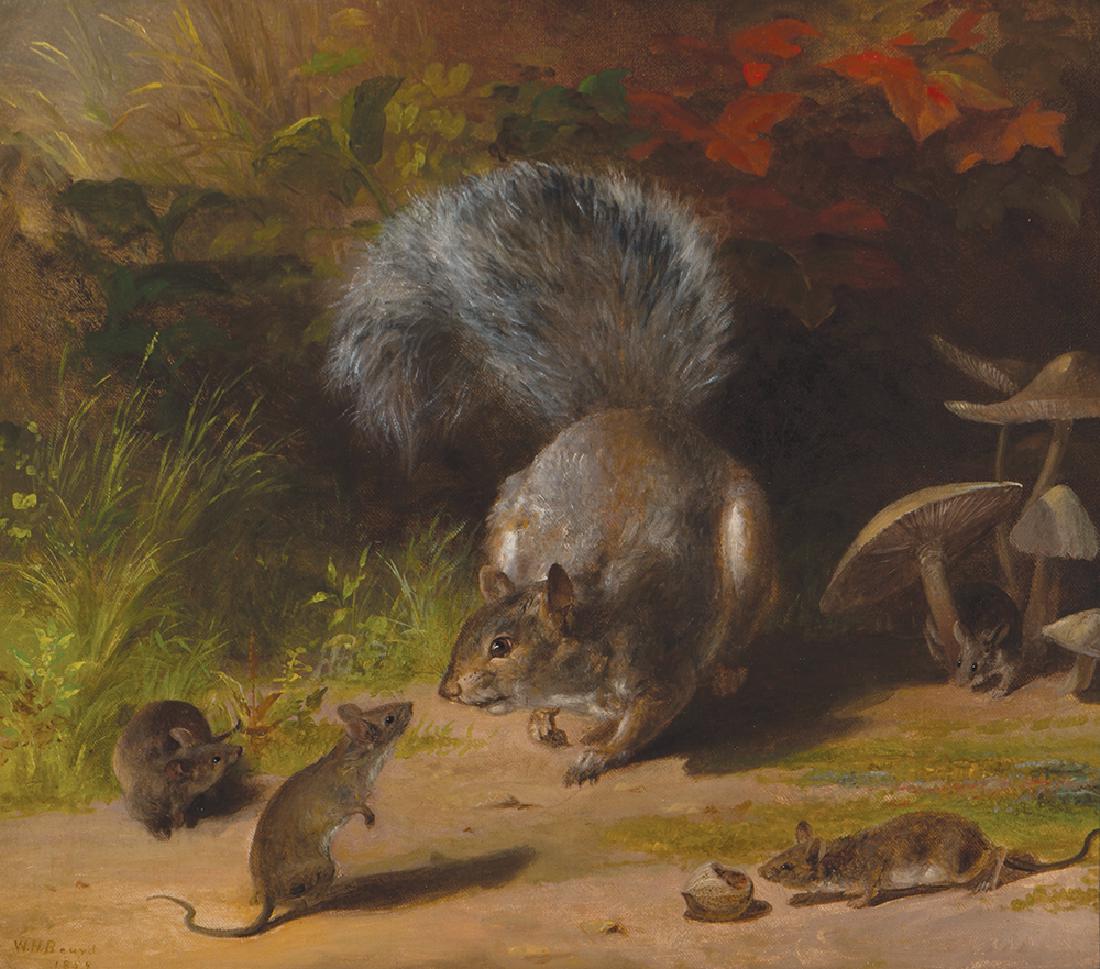 William Holbrook Beard, Squirrel and Mice, 1859: William Holbrook Beard, Am. 1824-1900, "Squirrel and Mice, 1859", Oil on Canvas, 14" x 16" Actual, 21" x 23.75" Framed.