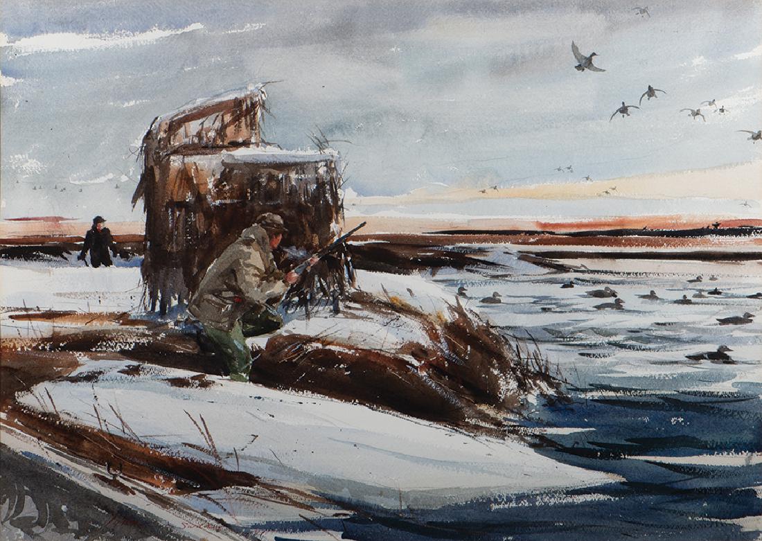 John Swan, Duck Hunting: John Swan, Am. 1948, Duck Hunting, Watercolor on Paper, 20.5" x 28.5" Sight, 27.25" x 35.25" Framed.