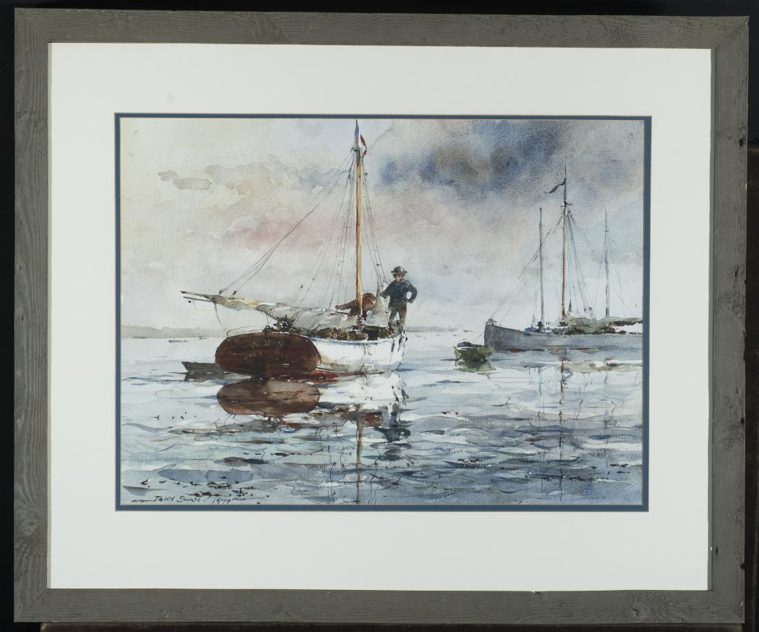 John Swan, American. (born 1948) Active/lives in: John Swan, American. (born 1948) Active/lives in Maine., On the Mooring., Watercolor on paper. Framed under glass., 16" x 21 1/2"