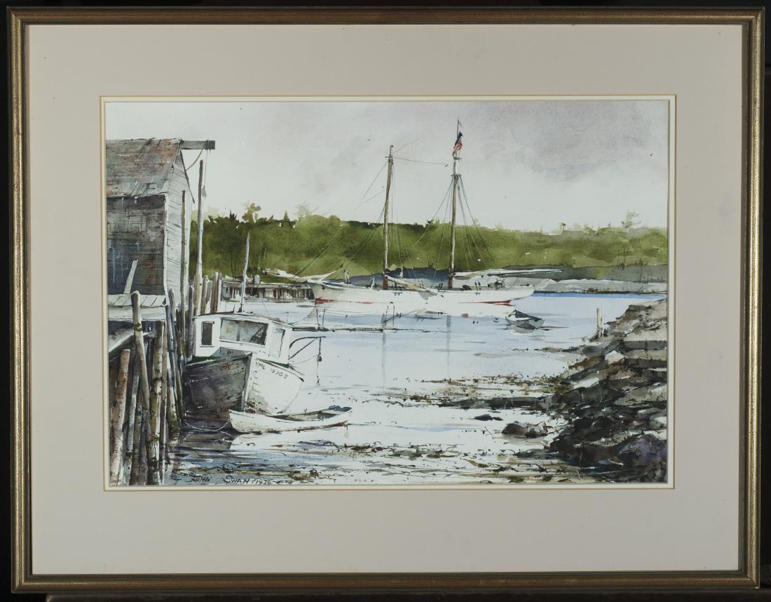 John Swan, American. (born 1948) Active/lives in: John Swan, American. (born 1948) Active/lives in Maine., Ships in Harbor., Watercolor on paper. Framed under glass., 14 1/2" x 21 1/2" (sight)