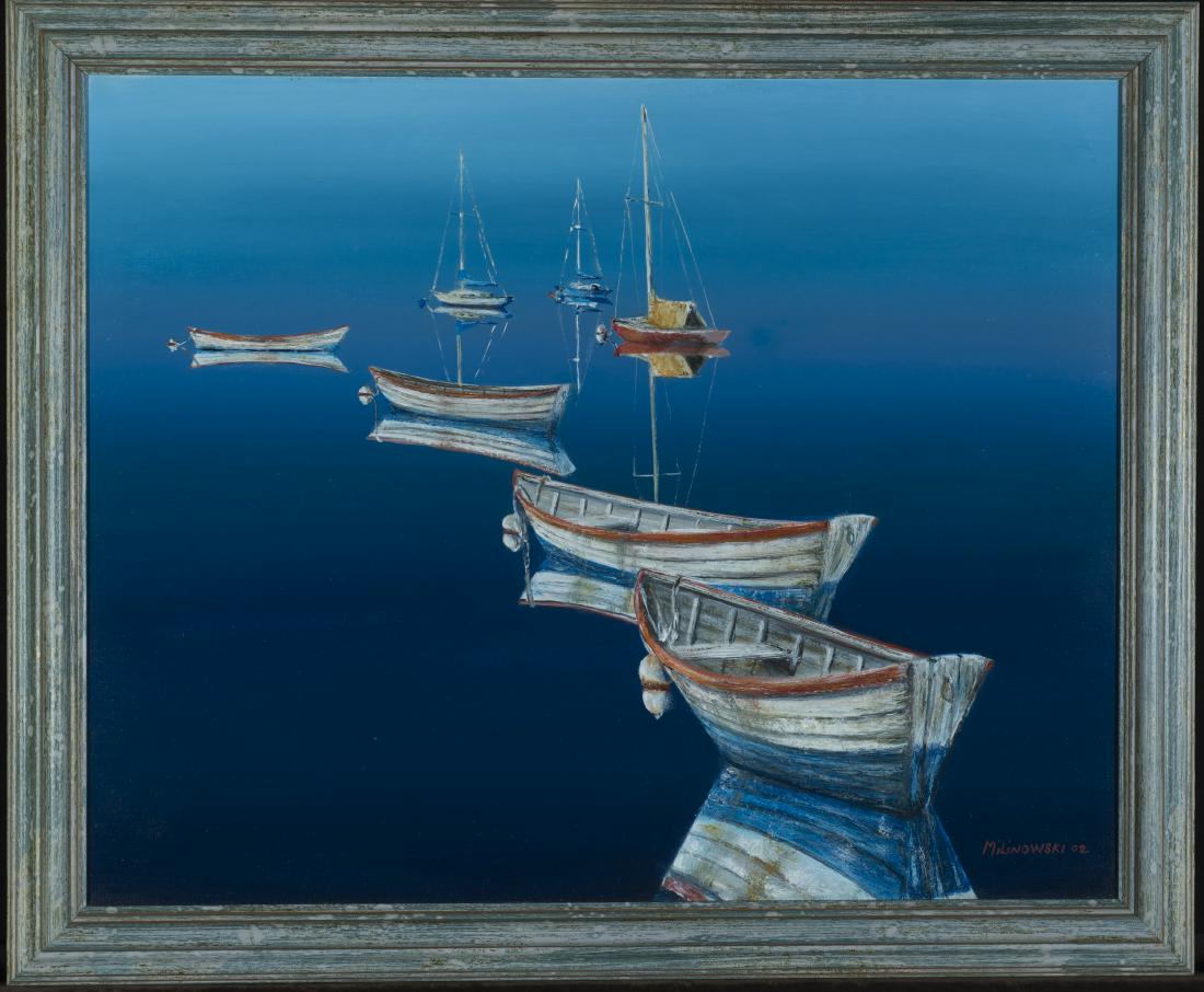 Roger Milinowski, "Dinghies", Oil on canvas. Framed, 15: Roger Milinowski, "Dinghies", Oil on canvas. Framed, 15 1/2" x 19 1/2" (Sight)