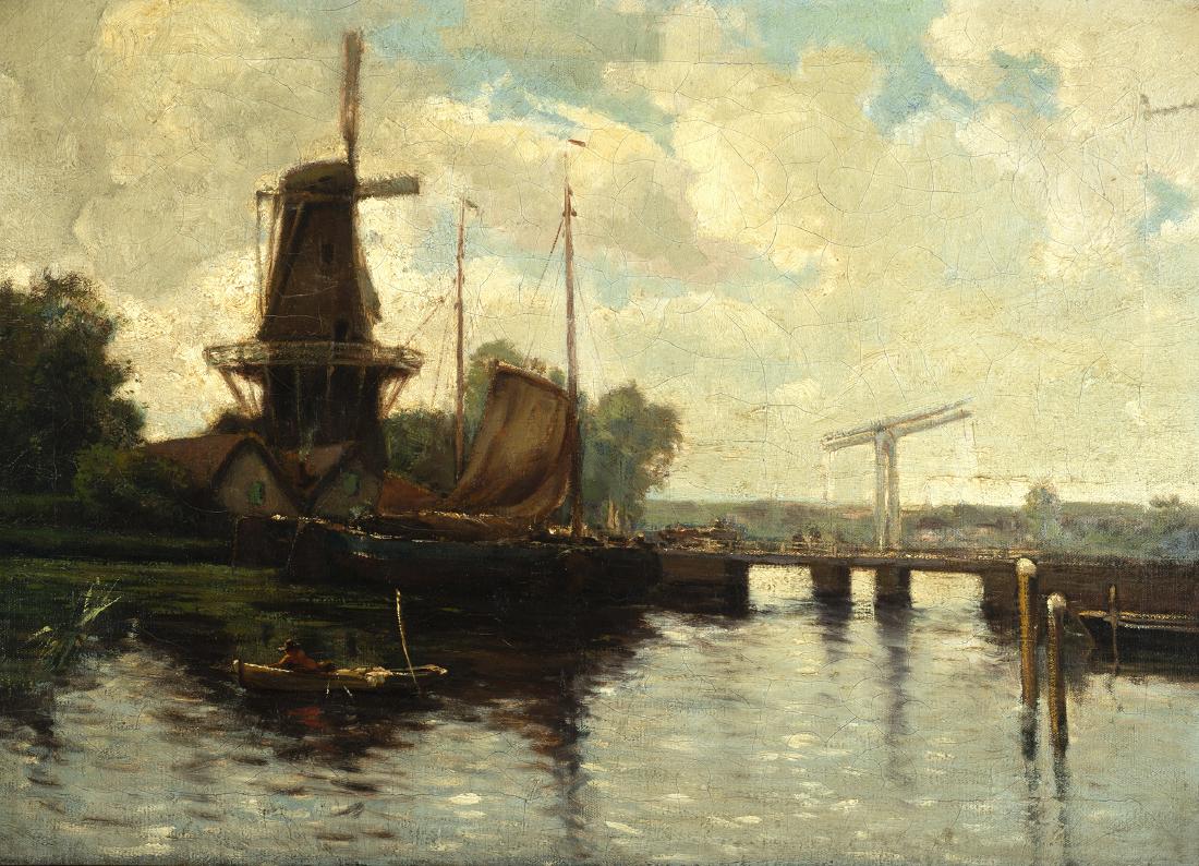 Anthony Thieme, Eur. 1888-1954, Dutch Landscape: Anthony Thieme Eur. 1888-1954 Dutch Landscape with Windmill, Oil on CanvasSigned on Verso "A. Thieme" 21" x 27.5" Framed 17" x 24" ActualProvenance: Helen Stratton, married to Warren Stratton, lived i