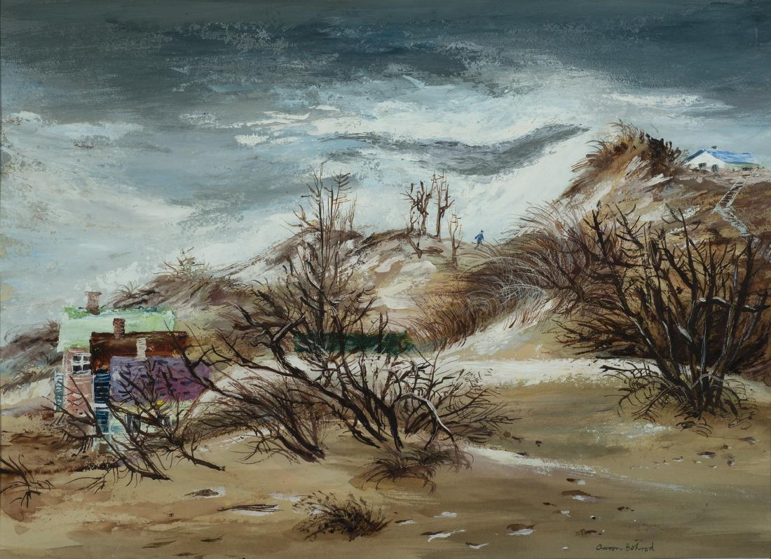 Aaron Bohrod, Am. 1907 - 1992, "Dunes Landscape": Aaron BohrodAm. 1907 - 1992"Dunes Landscape"Gouache on Paper, Framed Under GlassSigned l.r, "Asssociated American Artists, NYC" Label on Verso 27" x 33" Framed