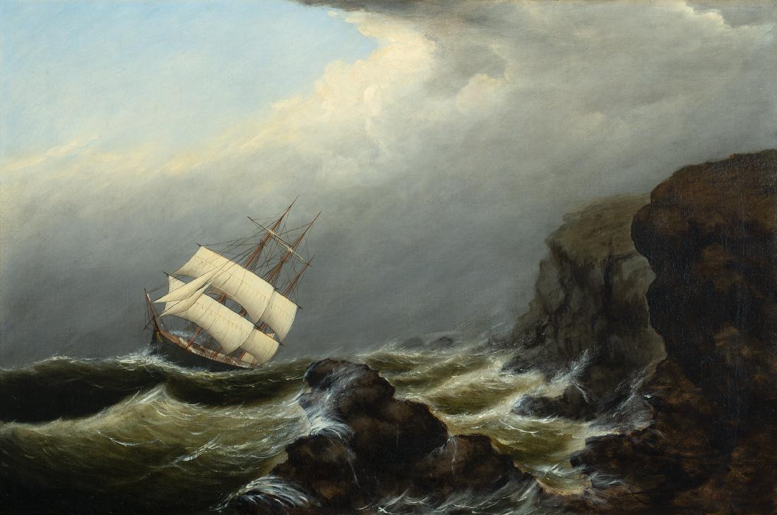 Clement Drew, Am. 1806- 1889, "Square Rigged": Clement Drew Am. 1806- 1889"Square Rigged" Oil on Canvas. Signed l.r, "Quester Gallery, Stonington, CT." Label on Verso 26.5" x 36.5" Framed, 20" x 30" Actual