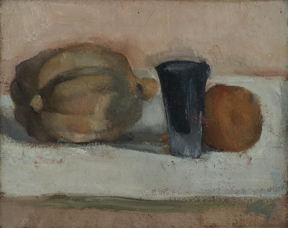 Lennart Anderson, Am. 1928 - 2015, "Still Life: Lennart AndersonAm. 1928 - 2015"Still Life with Squash and Shot Glass", 1952Oil on CanvasTitle and Signature Inscribed on Verso, "Davis & Long Company, NYC", Label on Verso, "Steven Harvey Fine Art, N