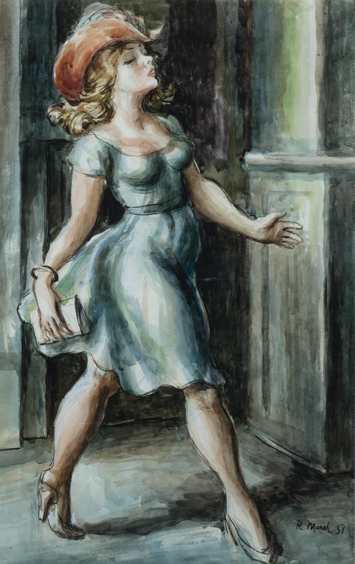 Reginald Marsh, Am. 1898 - 1954, Woman Walking,: Reginald MarshAm. 1898 - 1954Woman Walking, 1951Watercolor/Gouache on Paper, Framed Under GlassSigned l.r 25.5" x 19.5" FramedProvenance: Private Collection Western Massachusetts