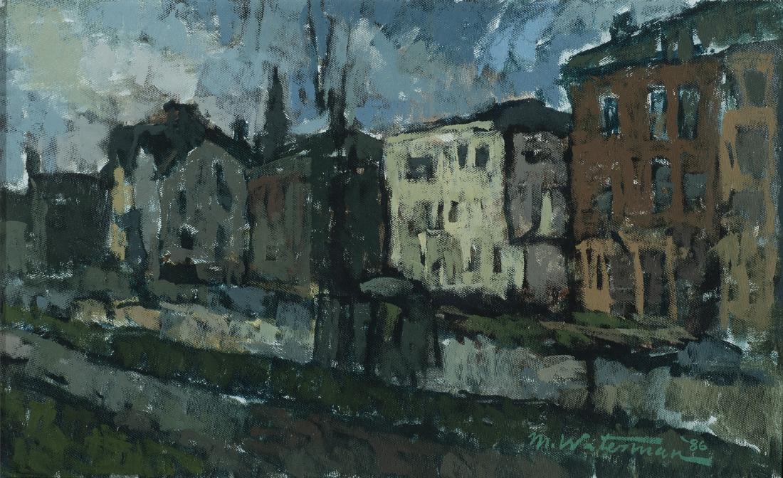 Michael Waterman, Am. 1947, "State Street", 1986: Michael WatermanAm. 1947"State Street", 1986Oil on CanvasSigned and Dated l.r, Framed 15.5" x 22.5" Framed
