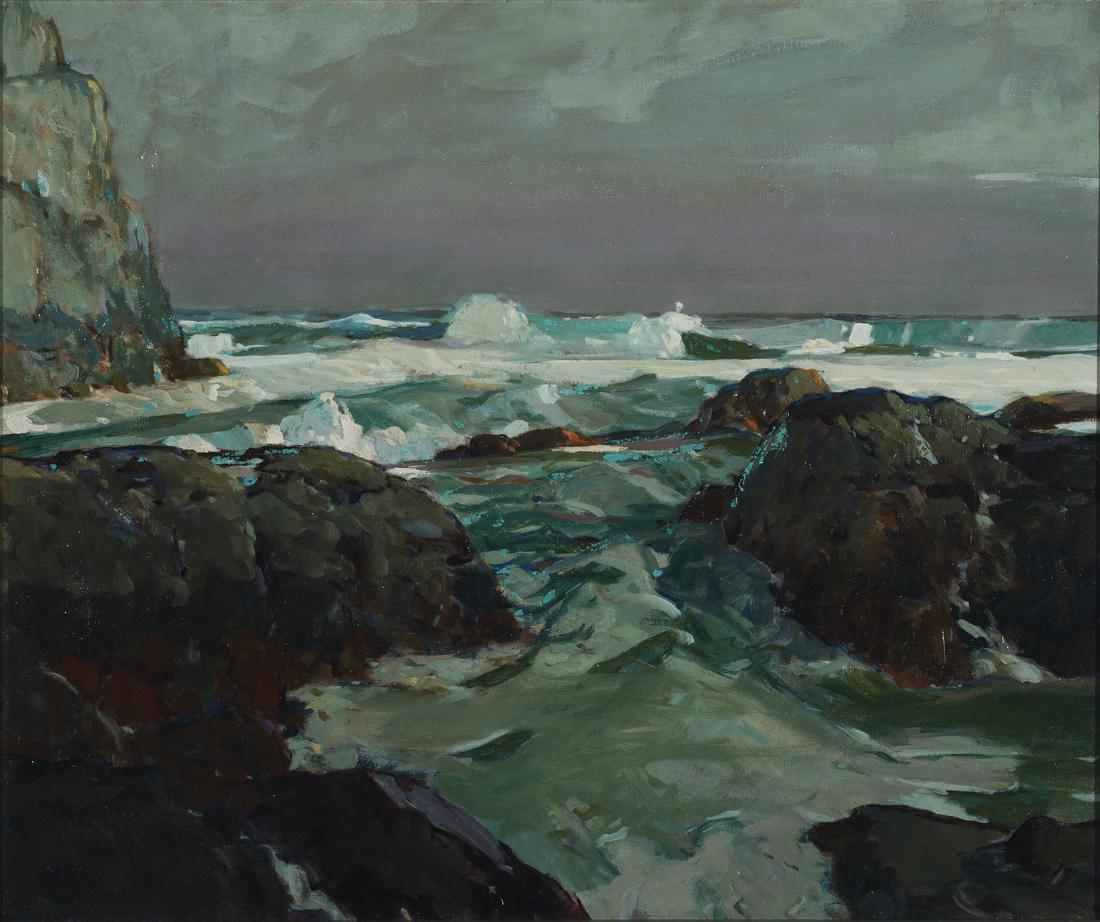 Karl Schmidt, Am. 1890 - 1962, Seascape: Karl SchmidtAm. 1890 - 1962SeascapeOil on CanvasSigned on Lower Center of Frame, "Art Department, Oakland, CA" Label on Verso, possible exibition, label on verso 27.5 " x 32.5" Framed 25" x 30" Actual