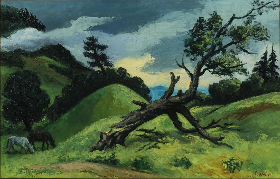 Ernest Fiene, Ger. 1894 - 1965, "Fallen Tree in: Ernest FieneGer. 1894 - 1965"Fallen Tree in Connecticut"Oil on CanvasSigned l.r, "possible exibition" Label on Verso 17" x 26" ActualProvenance: Private Collection Western Massachusetts
