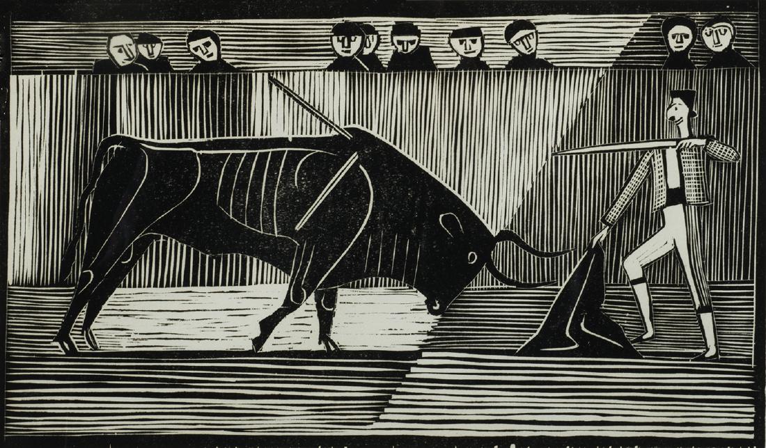Gerhard Marcks, Eur. 1889 - 1981, "Stierkampf: Gerhard MarcksEur. 1889 - 1981"Stierkampf (Bullfighter)"Woodcut, Framed Under GlassSigned in Pencil l.r 18" x 23" Framed