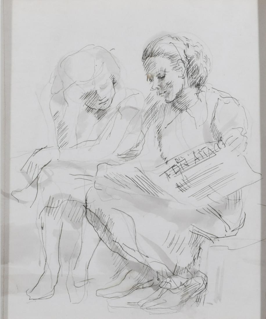 Isabel Bishop. "Reading the Newspaper" graphite and: Isabel Bishop, Am. 1902-1988, "Reading the Newspaper", graphite and watercolor on paper, framed under glass, 6.5" x 5.5" sight, 16" x 1