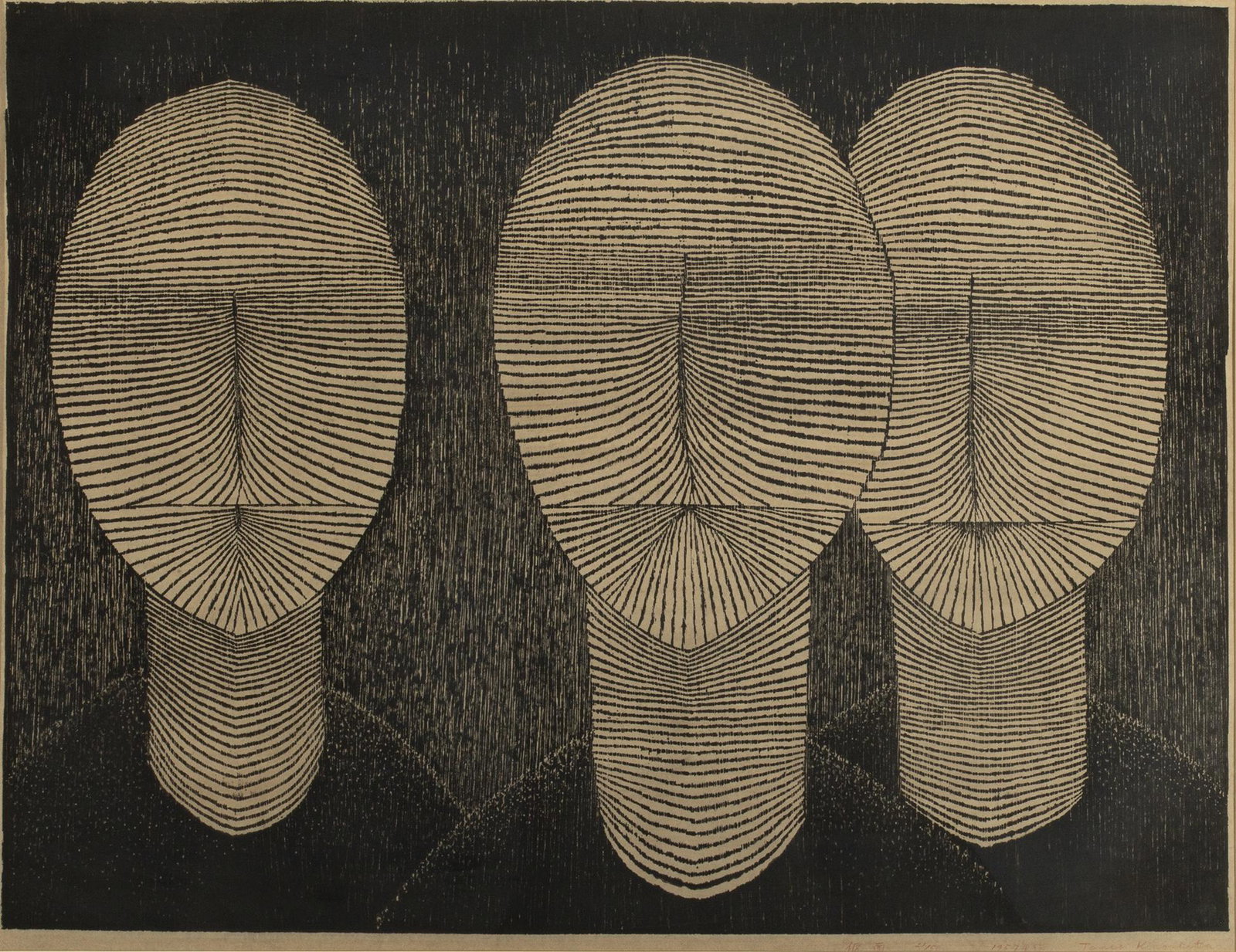 Tomio Kinoshita. "Heads" lithograph, framed under: Tomio Kinoshita, "Heads", lithograph, framed under glass, 19" x 24" sight, 26.5" x 31.5" framed