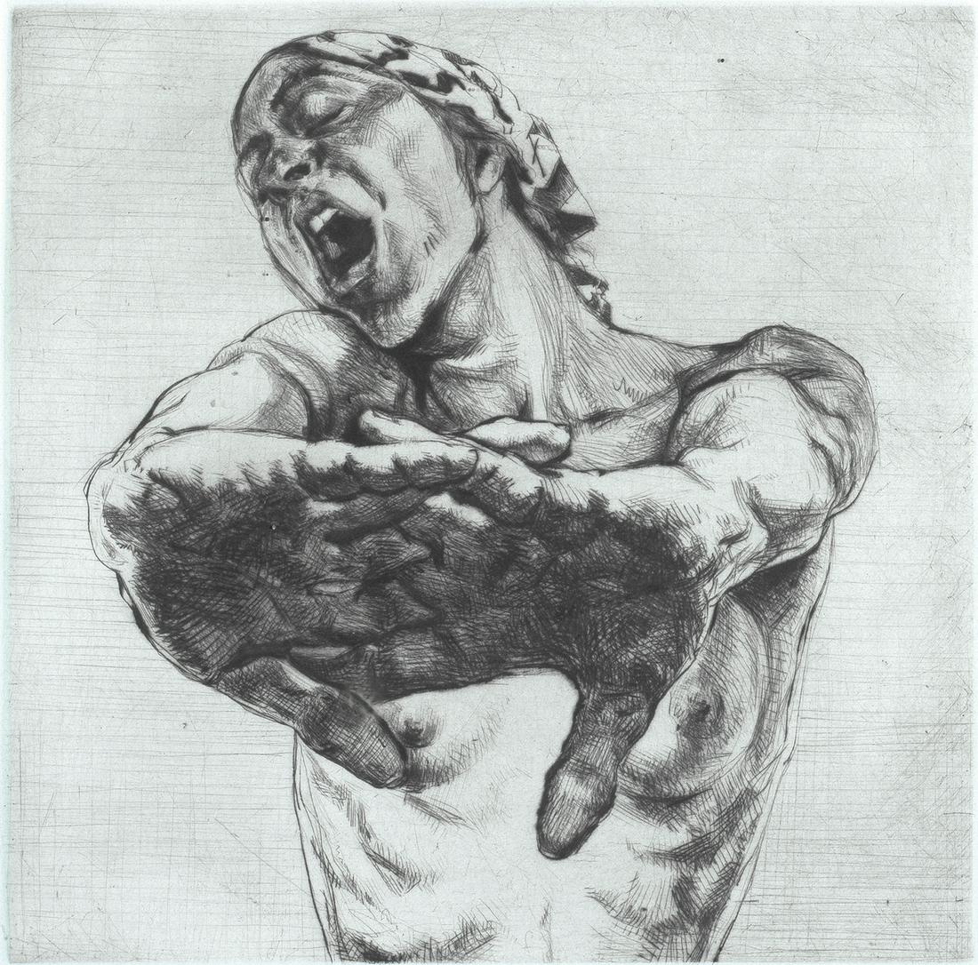 Sigmund Abeles. "Stretching" drypoint on paper,: Sigmund Abeles, Am. b. 1934, "Stretching", drypoint on paper, framed under glass, 8.75" x 9" sight, 18" x 16.5" framed