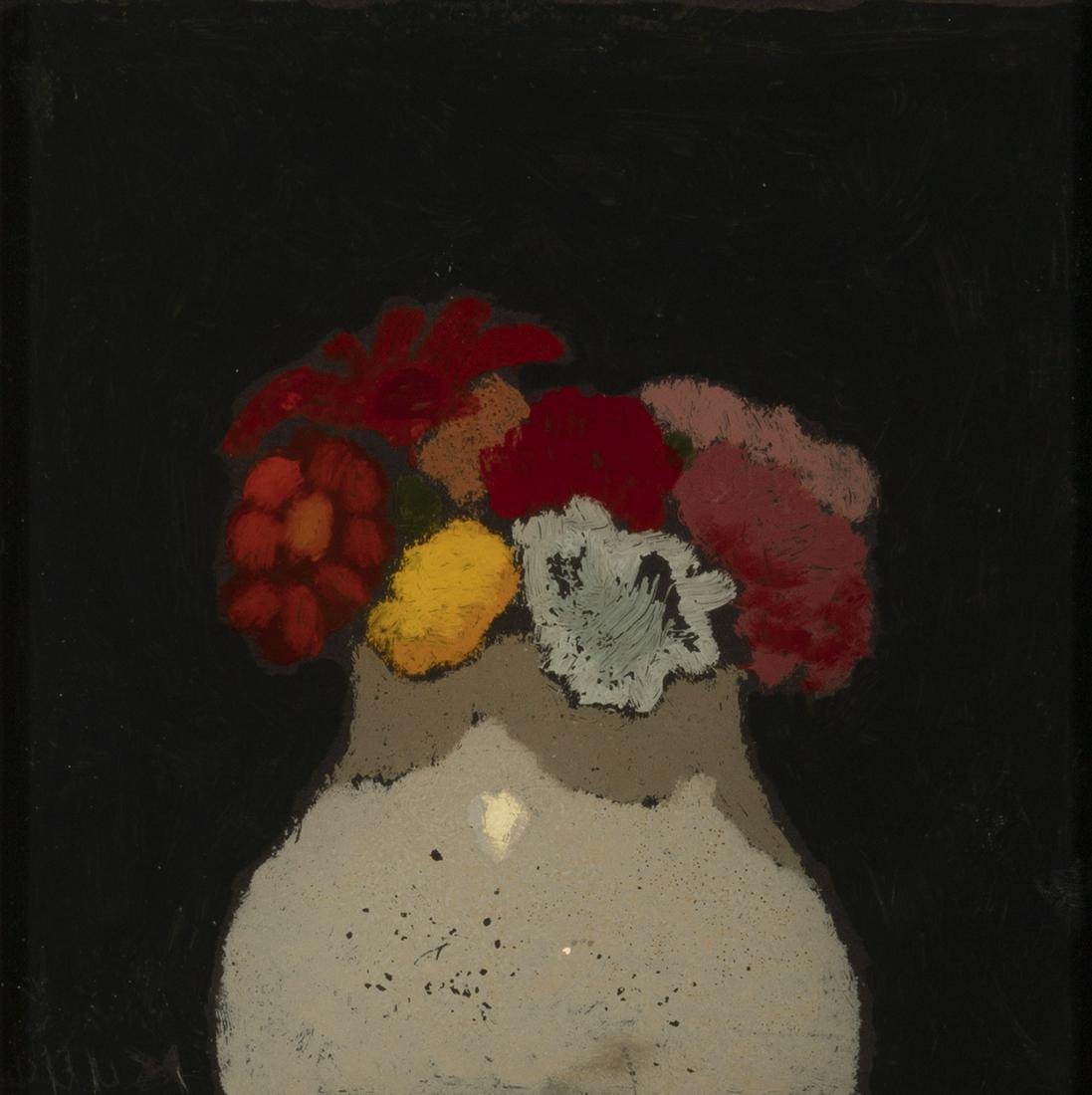 Robert Kulicke. "Floral Still Life" reverse oil on: Robert Kulicke, Am. 1924-2007, "Floral Still Life", reverse oil on glass, 6.75" x 6.75" sight, 11.25" x 11.25" framed