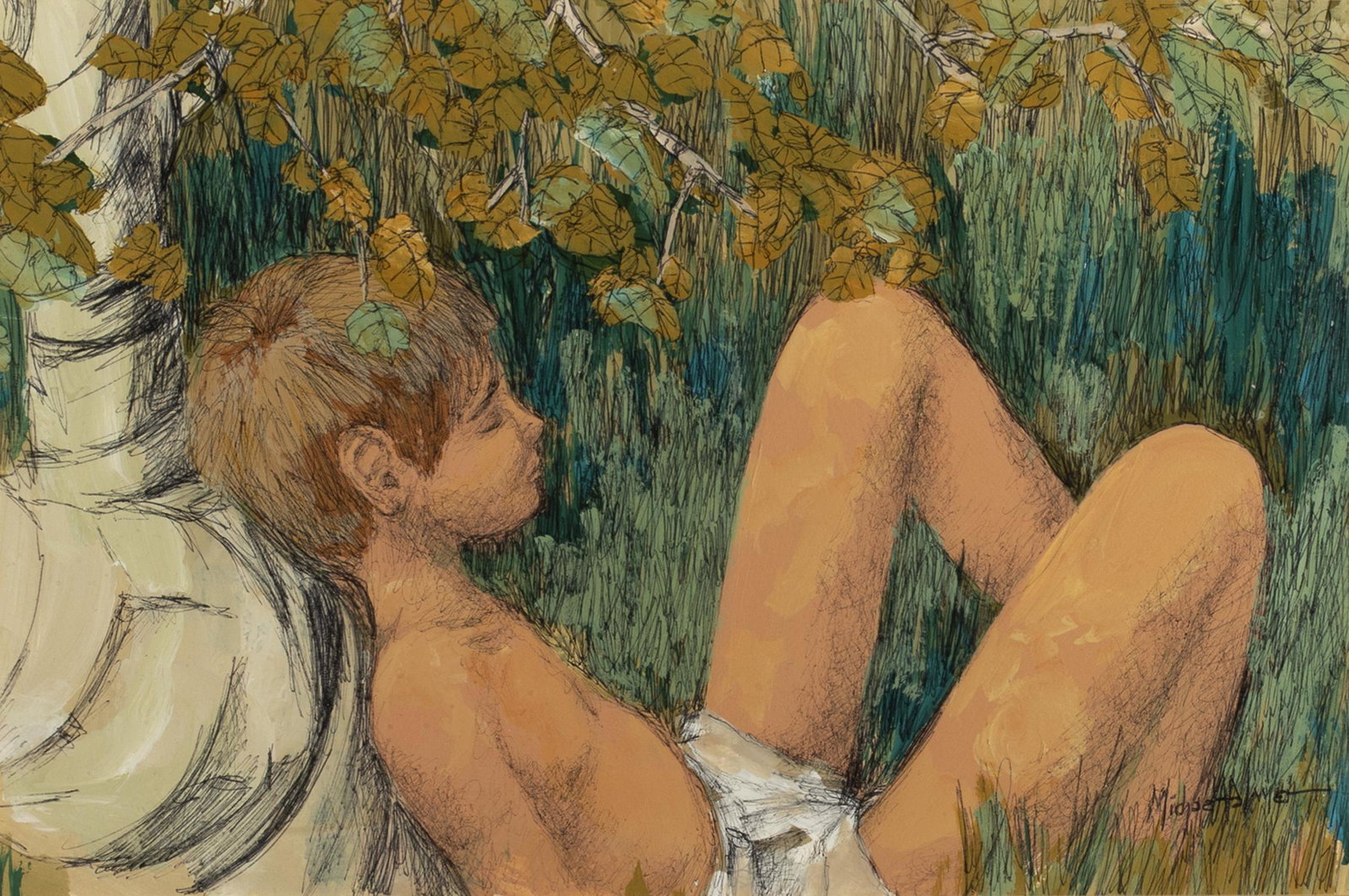 Michael Palmer. "Boy in Underwear" pen and ink and: Michael Palmer, Am. 20th Century, "Boy in Underwear", pen and ink and acrylic, framed under glass, 9.5" x 14.5" sight, 16.25" x 20" fra