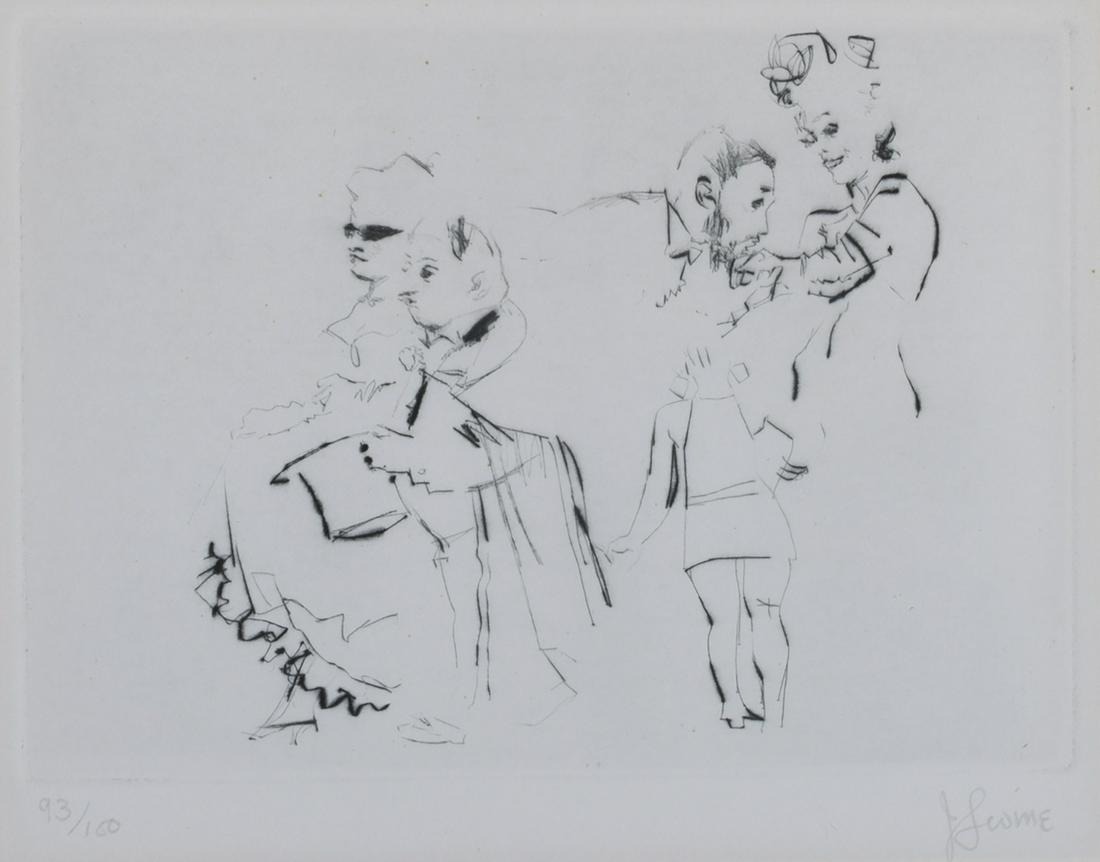 Jack Levine. "Five Figures" etching on paper,: Jack Levine, Am. 1915-2012, "Five Figures", etching on paper, framed under glass, 6" x7.25" sight, 13.75 x 14.75" framed