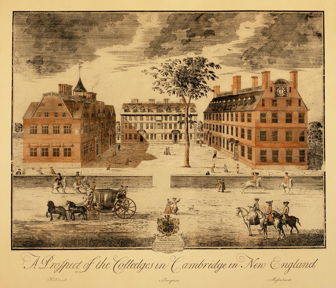 Harvard Print . "A Prospect of the Colleges in: Harvard Print , "A Prospect of the Colleges in Cambridge", hand colored collotype, 24.5" x 18.5" sight, 25.25" x 29" framed