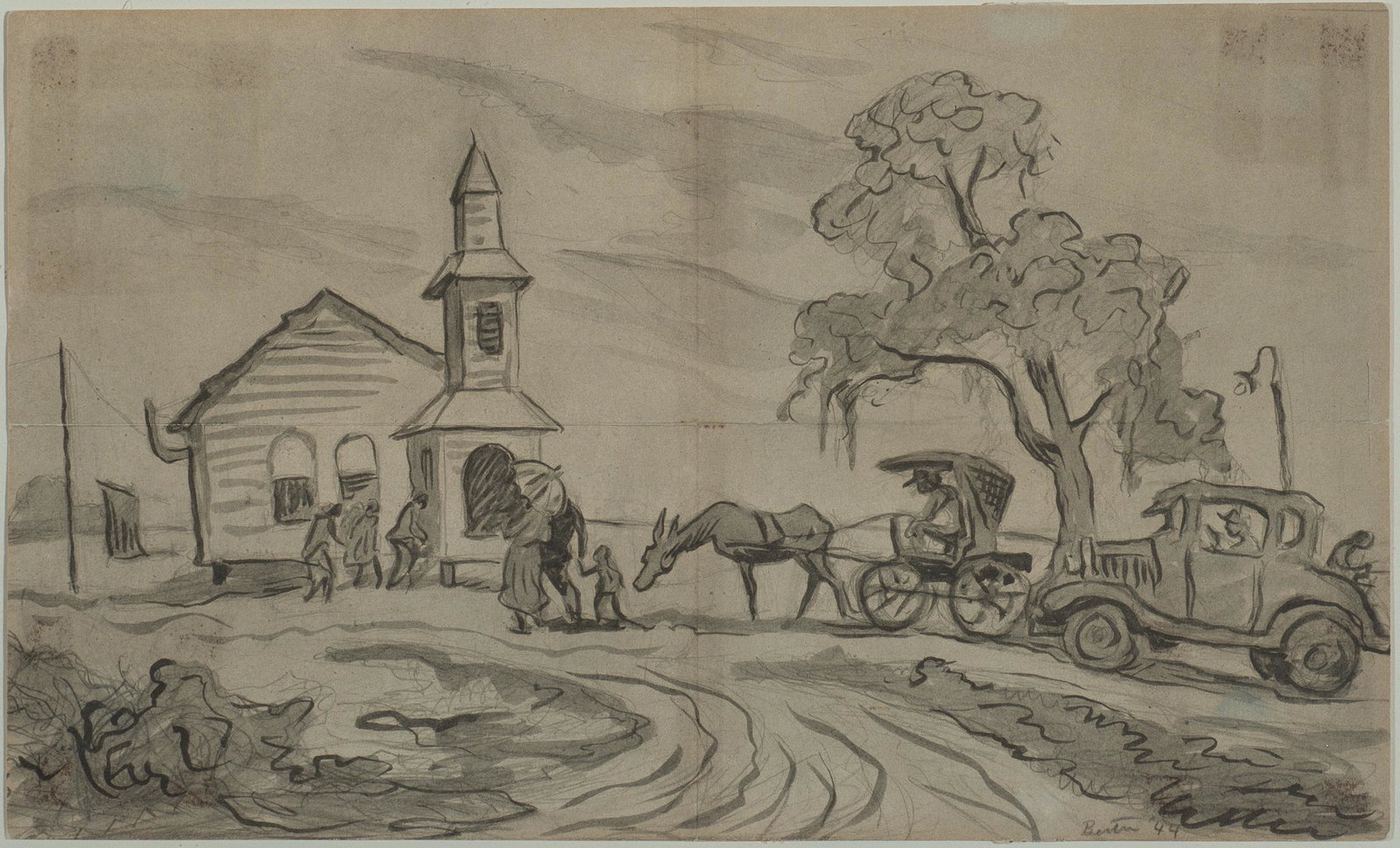Thomas Hart Benton. "Merry Christmas from the: Thomas Hart Benton, Am. 1889-1975, "Merry Christmas from the Benton's", lithograph on paper, framed under glass, 8.5"x 14.5 sight, 15"x 21.5" framed. "To Mr. and Mrs. Bruce Brewer, 5327 Mission Wood r