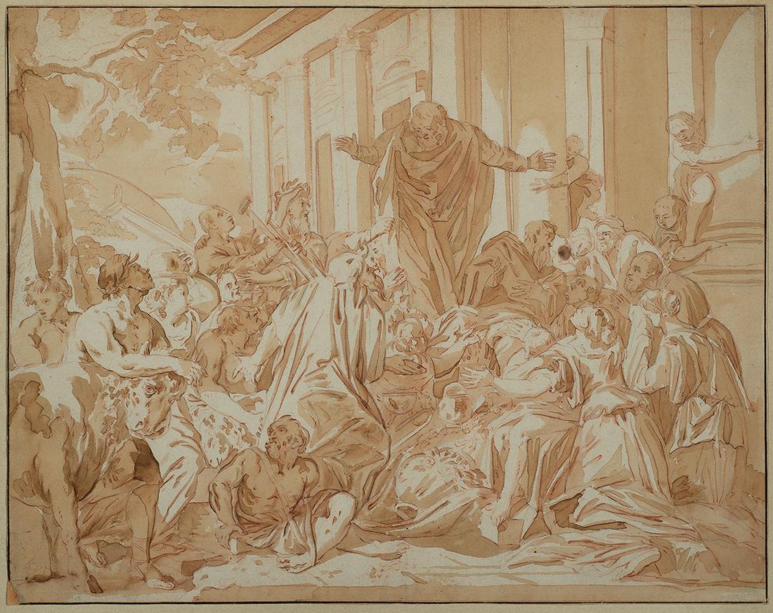 Continental School, St. Paul Healing the Sick: Continental School St. Paul Healing the Sick Brown wash and graphite on paper, framed under glass 12" x 15" sight, 21.75" x 24.5" framed Estate of Donald Brenwasser, New Jersey