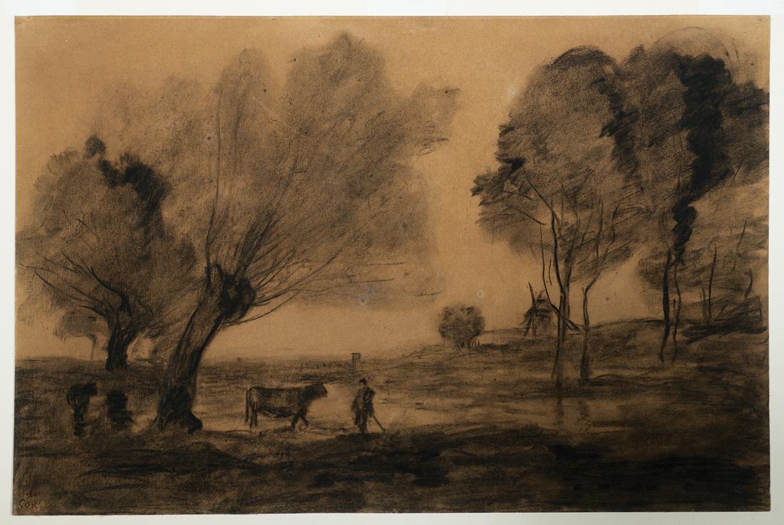 Jean Baptiste Camille Corot, Vache et son Gardien en Vu: Jean Baptiste Camille Corot Fr. 1796-1875 Vache et son Gardien en Vue d'un Moulin (Landscape with Cow and its Cowherd in Front of a Mill) c. 1870 Charcoal on brown paper Signature l.l., estate stamp (