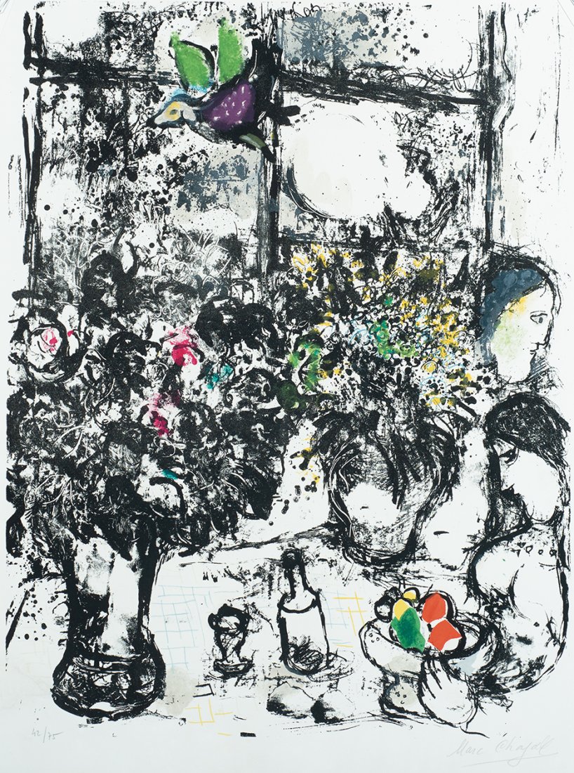 Marc Chagall, "Nature Morte au Bouquet" (Still Life wit: Marc Chagall Fr./Russian 1887-1985 "Nature Morte au Bouquet" (Still Life with Bouquet) 1960 Hand colored lithograph Signature in pencil l.r., numbered "42/75" 27.5" x 20.5" actual Private Collection C