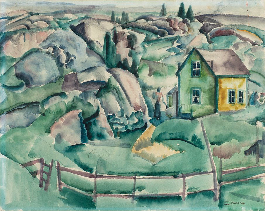 William Zorach, Landscape with House and Fence: William Zorach Am. 1887-1966 Landscape with House and Fence Watercolor on paper Signature l.r. 12" x 15" sight, 20 1/8" x 23 1/8" framed Private Collection Portland, Maine