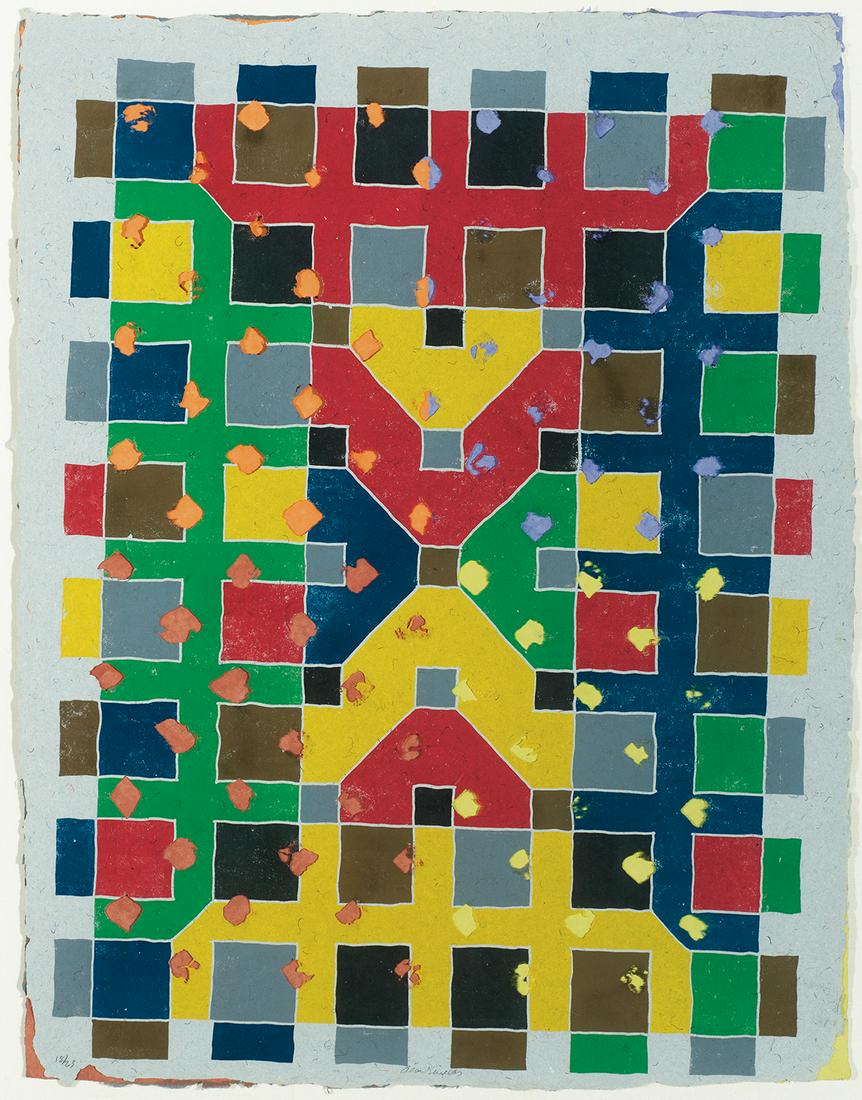 Alan Shields, Untitled (Composition): Alan Shields Am. 1944-2005 Untitled (Composition) Color lithograph with collage Signature l.c., numbered "18/23" l.l. 35" x 27.25" sight, 40" x 30.75" framed Private Collection Massachussetts