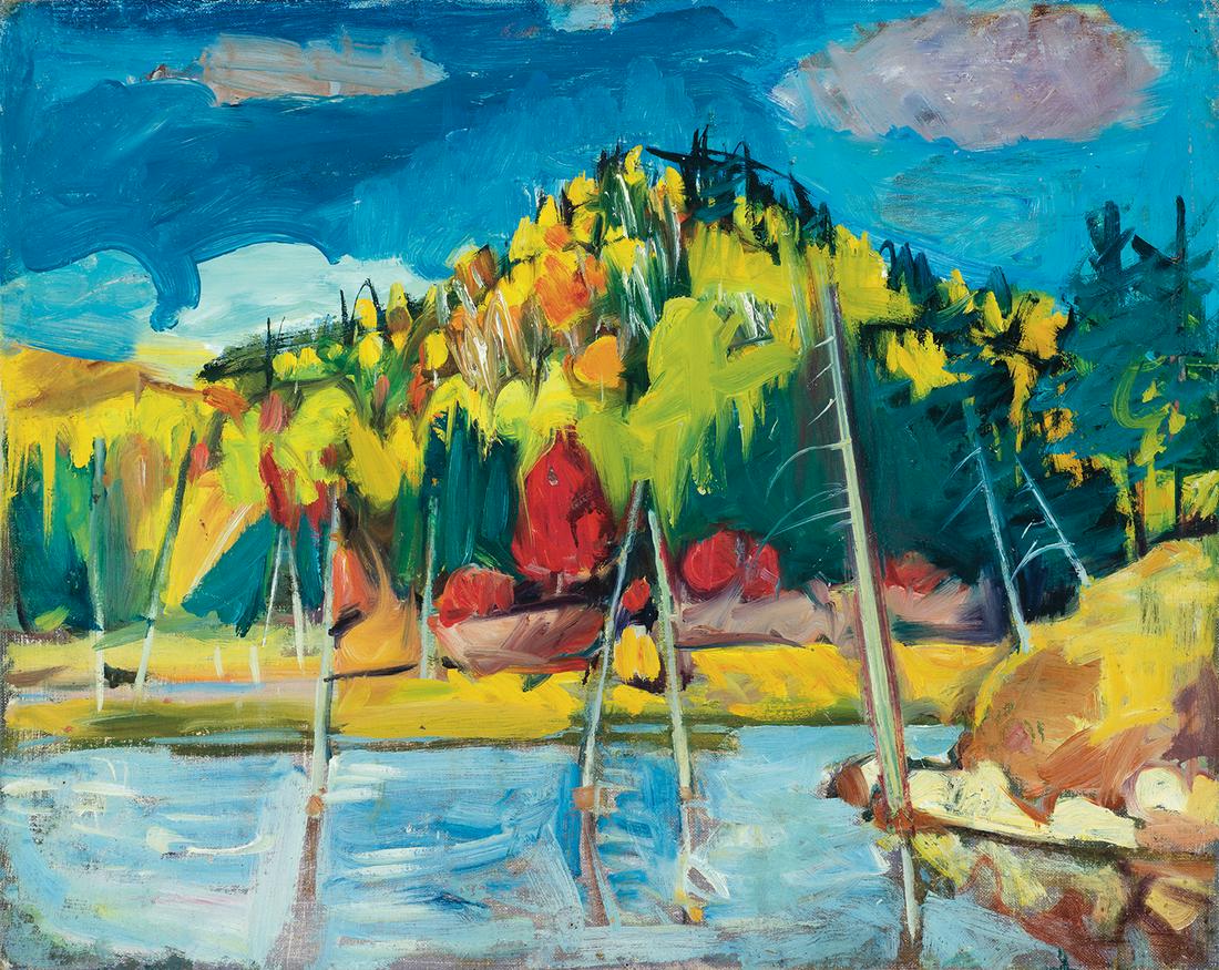 Carl Sprinchorn, Autumn, Shin Pond c. 1945: Carl Sprinchorn Am. 1887-1971 Autumn, Shin Pond c. 1945 Oil on panel Signature on verso 16" x 20" actual Estate of Donald Brenwasser, New Jersey