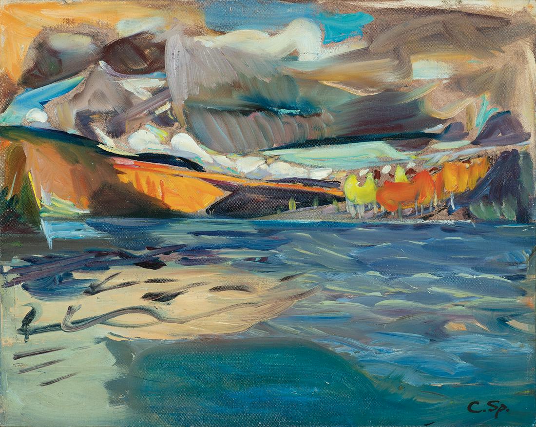 Carl Sprinchorn, "Stormy October" (Shin Pond, Maine) 19: Carl Sprinchorn Am. 1887-1971 "Stormy October" (Shin Pond, Maine) 1947 Oil on panel Signature l.r., signature, title and date inscribed on verso 15 7/8" x 19 7/8" actual Estate of Donald Brenwasser, N