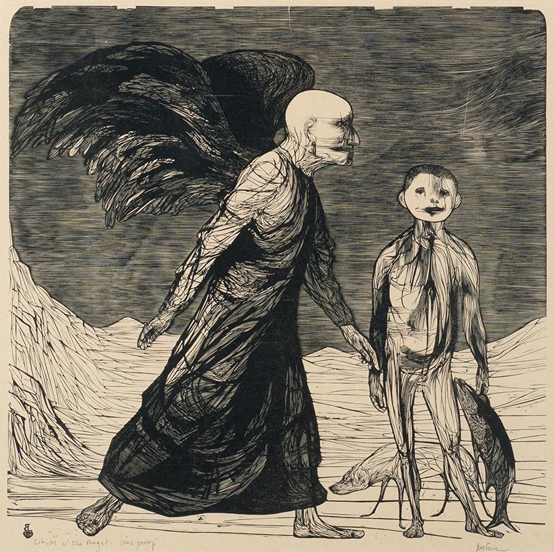 Leonard Baskin, "Tobias and the Angel": Leonard Baskin Am. 1922-2000 "Tobias and the Angel" Lithograph on paper, framed under glass Signature l.r., title and inscription "proof" l.l. 15" x 15" sight, 21.25" x 21.25" framed Private Collectio