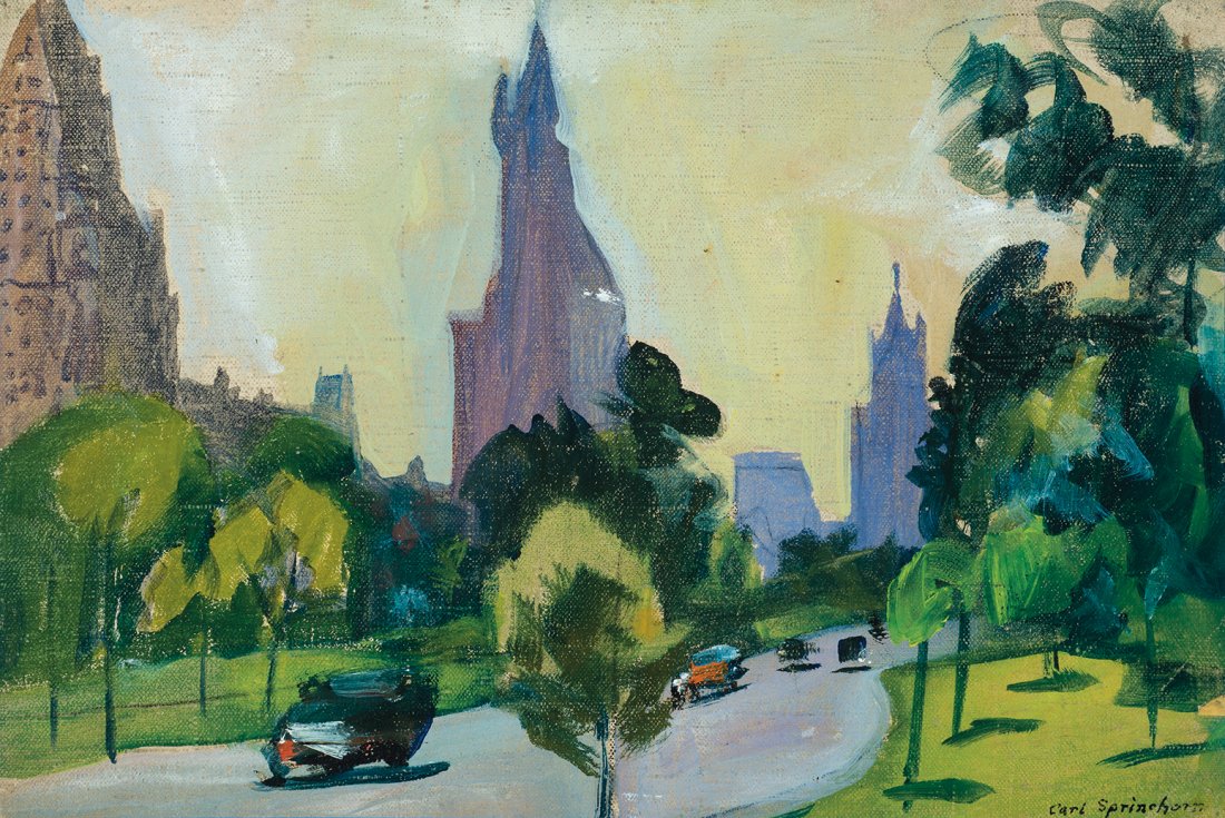 Carl Sprinchorn, "Central Park" 1935: Carl Sprinchorn Am. 1887-1971 "Central Park" 1935 Oil on canvas mounted on board Signature l.r., title and date on verso 8.5" x 13" actual Estate of Donald Brenwasser, New Jersey