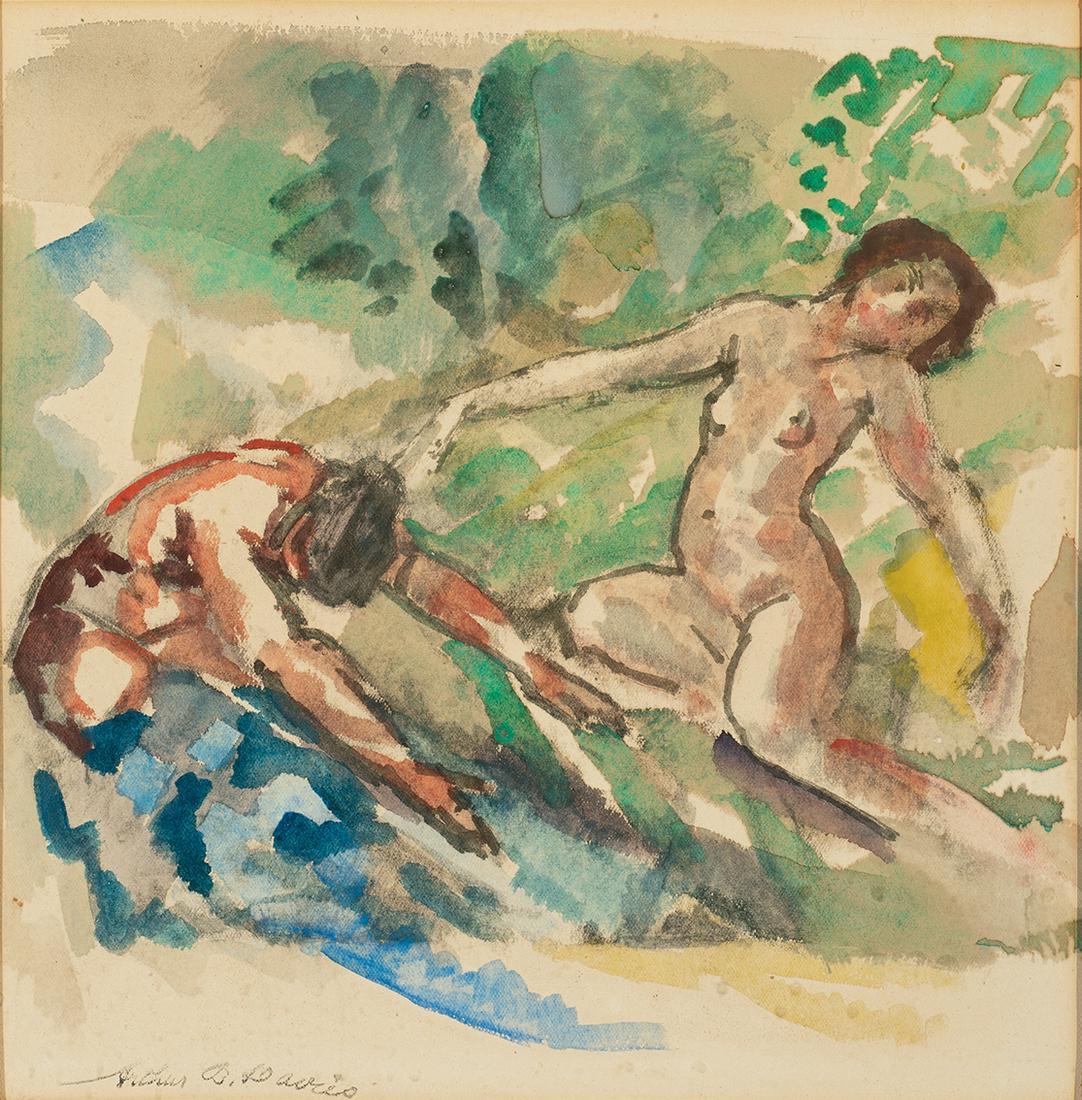 Arthur Bowen Davies, "Summer Rapture": Arthur Bowen Davies Am. 1862-1928 "Summer Rapture" Watercolor on paper, framed under glass Signature l.l. "Tucson Art Center" label on verso, "University of Utah, Salt Lake City Museum of Fine Arts" l
