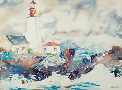 John Pierce Barnes, Portland Headlight c. 1925: John Pierce Barnes Am. 1893-1954 Portland Headlight c. 1925 Watercolor on paper Signature l.r., estate stamp "John P. Barnes Estate" on verso 15" x 20.25" actual Private Collection Boothbay Maine
