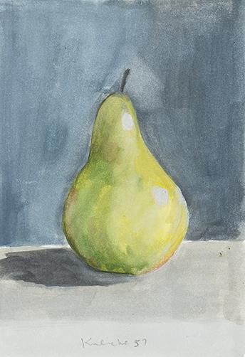 Robert Kulicke (Am. 1924-2007) - Green Pear Still: Robert KulickeAm. 1924-2007Green Pear Still Life, 1957Watercolor on paper, framed under glassSigned and dated l.c. 8" x 5 1/4" sight, 15 3/8" x 12 7/8" framedProvenance: Private Collection Massachuset