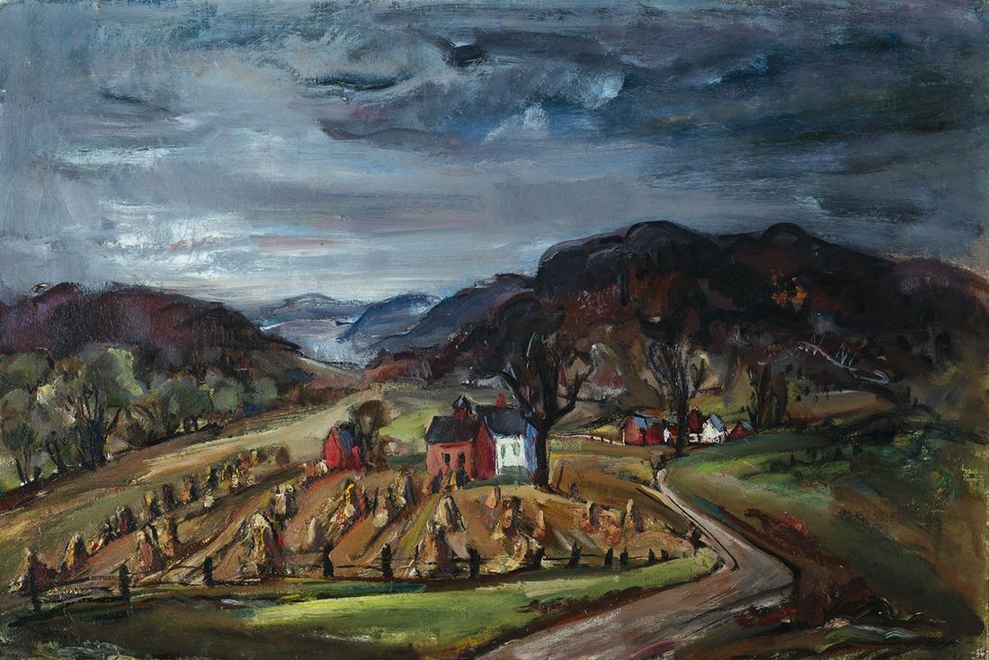 Marion Huse (Am. 1896-1967) - "The Lower Road": Marion Huse Am. 1896-1967 "The Lower Road" (Pownal, VT) Oil on canvas Signed l.l., Southern Vermont Artists label on verso 20" x 30" actual, 24.25" x 34.25" framed Provenance: Private Collection Massa